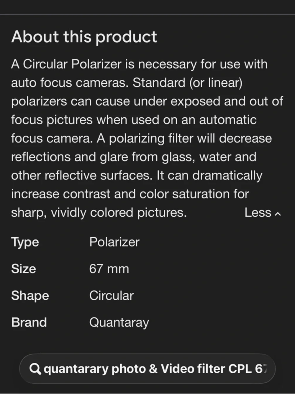 Quantaray CPL 67 Circular Polarizing Photo & Video Filter